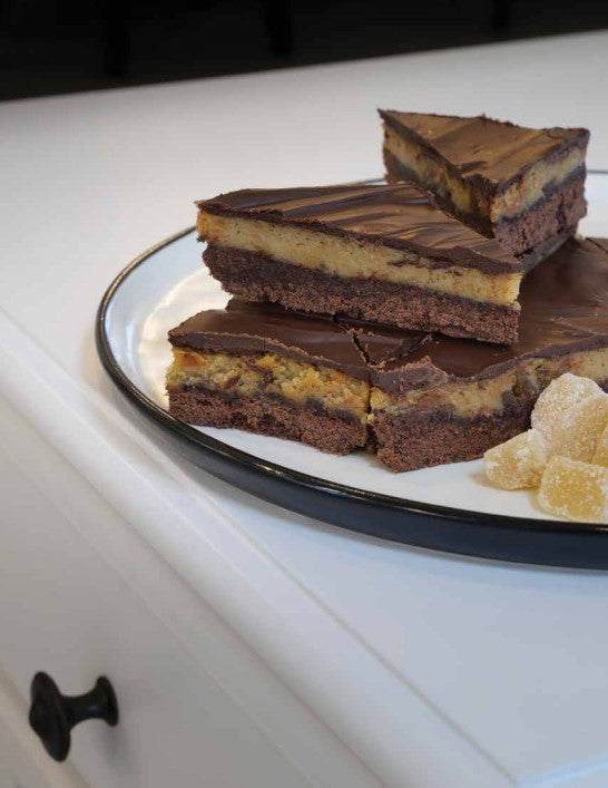 Chocolate, ginger and caramel slice