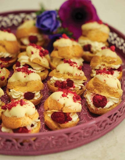 Raspberry, rosewater and white chocolate cream puffs