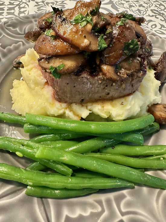Steak on Truffle Mash with Garlic Butter Mushrooms