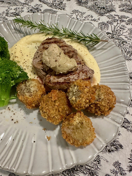 Steak with Pate Stuffed Mushrooms