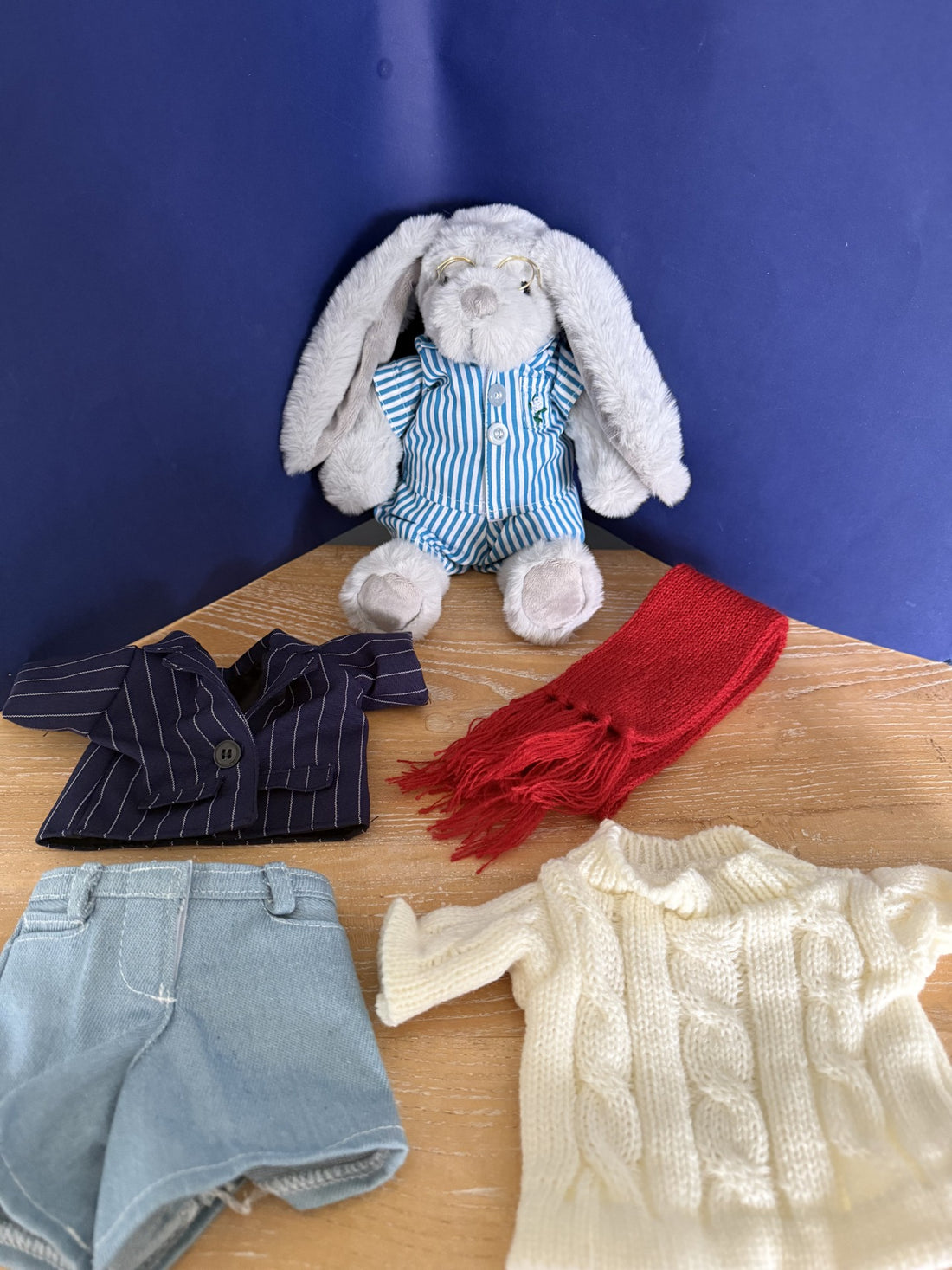 Montgomery Rabbit with clothing in a bag